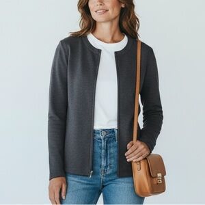 Lands End gray Cotten blend Zip Crew Cardigan loungewear basic minimalist active